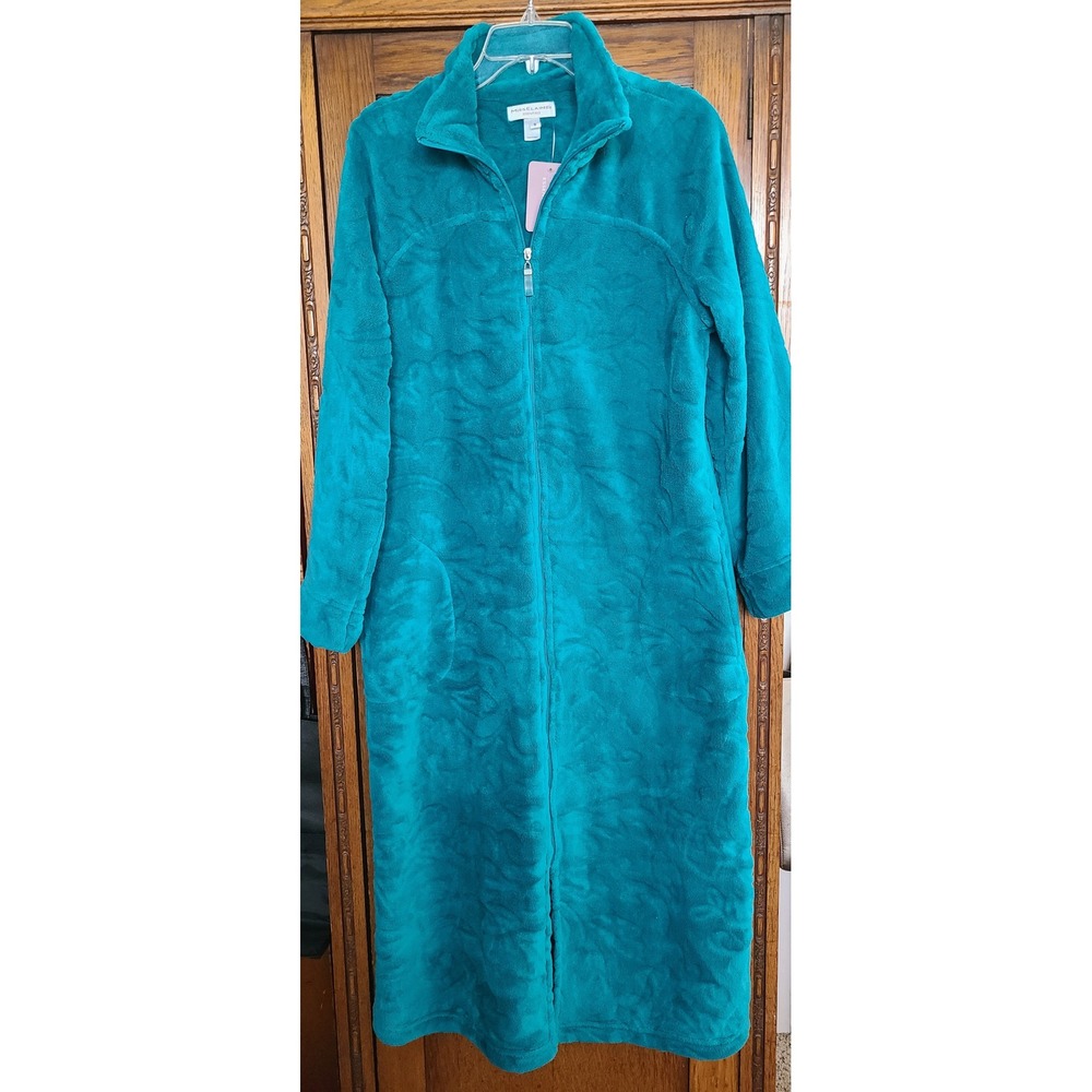 Miss Elaine Essentials Jade Teal Fleece Zip Front Robe Scroll Embossed 861262K
